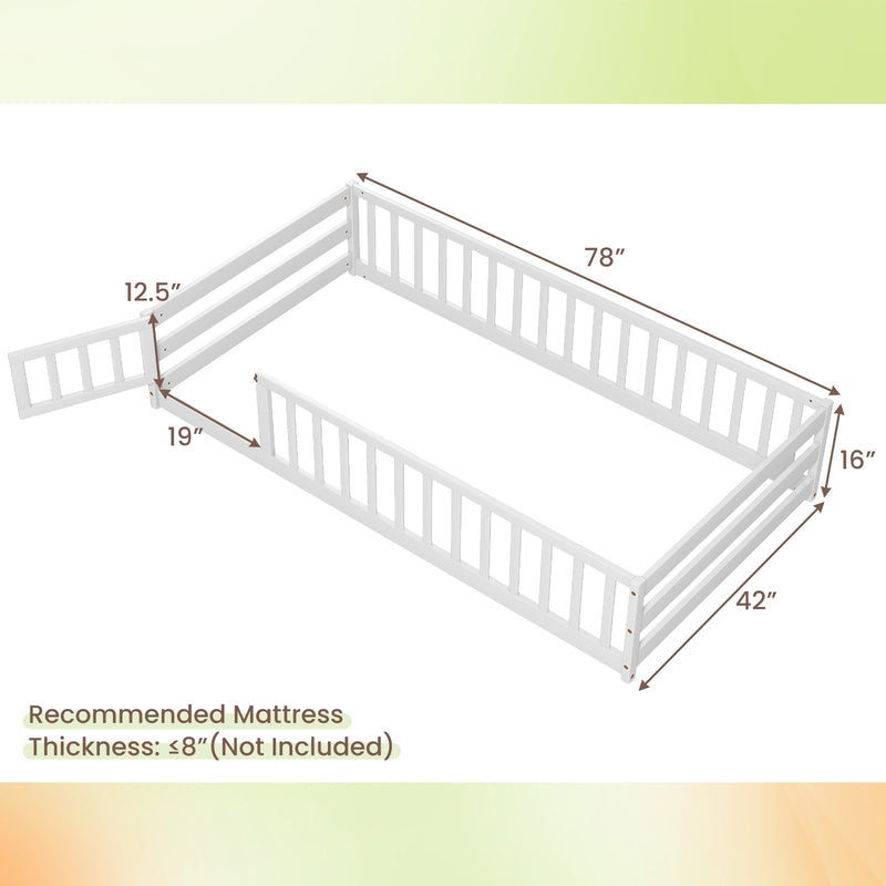 *Twin Size Kids Wood Montessori Floor Bed with Door and Fence - White
