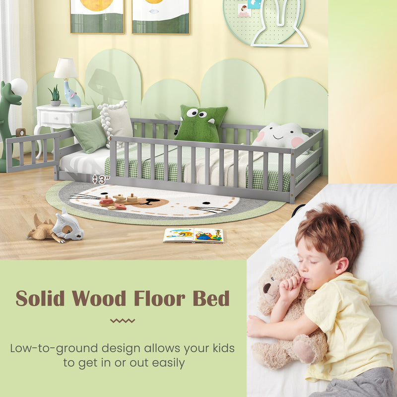 *Twin Size Kids Wood Montessori Floor Bed with Door and Fence - Gray