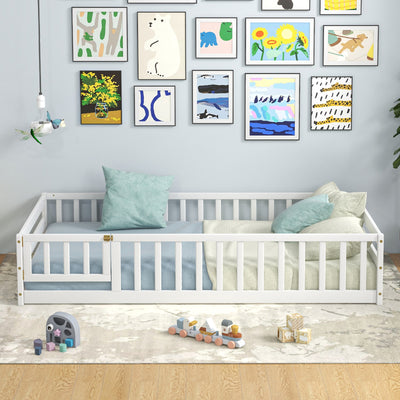 *Twin Size Kids Wood Montessori Floor Bed with Door and Fence - White