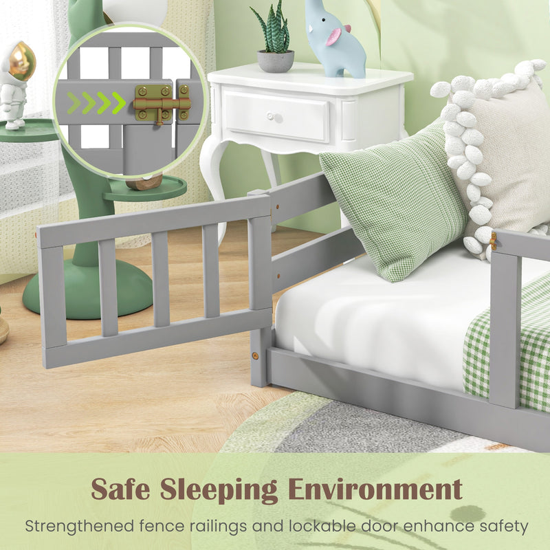 *Twin Size Kids Wood Montessori Floor Bed with Door and Fence - Gray