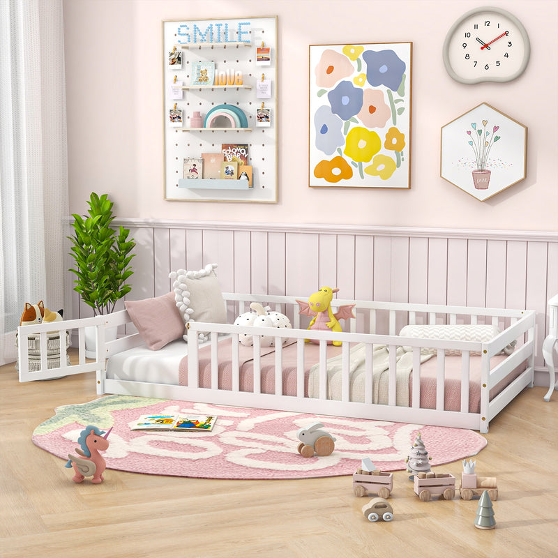 *Twin Size Kids Wood Montessori Floor Bed with Door and Fence - White