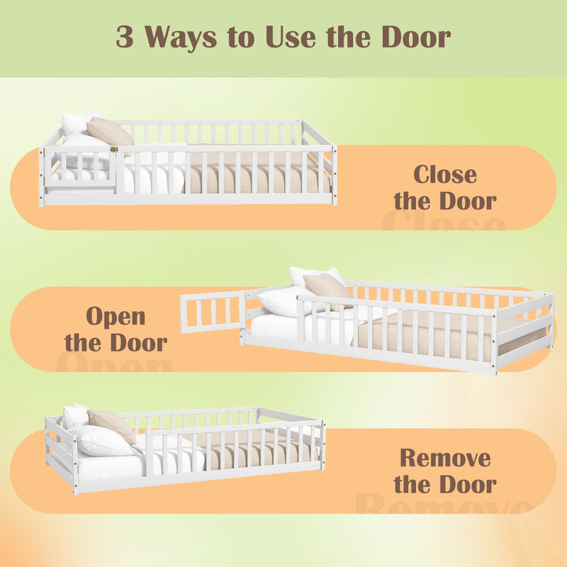 *Twin Size Kids Wood Montessori Floor Bed with Door and Fence - White