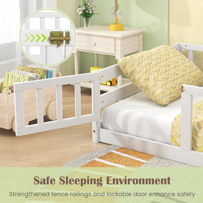 *Twin Size Kids Wood Montessori Floor Bed with Door and Fence - White