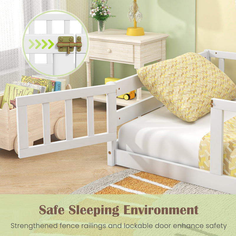 *Twin Size Kids Wood Montessori Floor Bed with Door and Fence - White