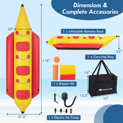 *3-Person Inflatable Banana Boat with Electric Air Pump Carrying Bag and Repair Kit