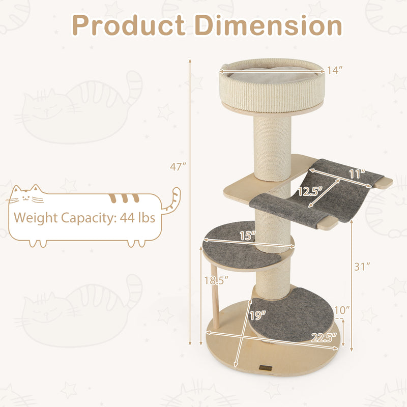 *47 Inches Cat Tree for Indoor Cats with Thickened Sisal Scratching Posts - Gray