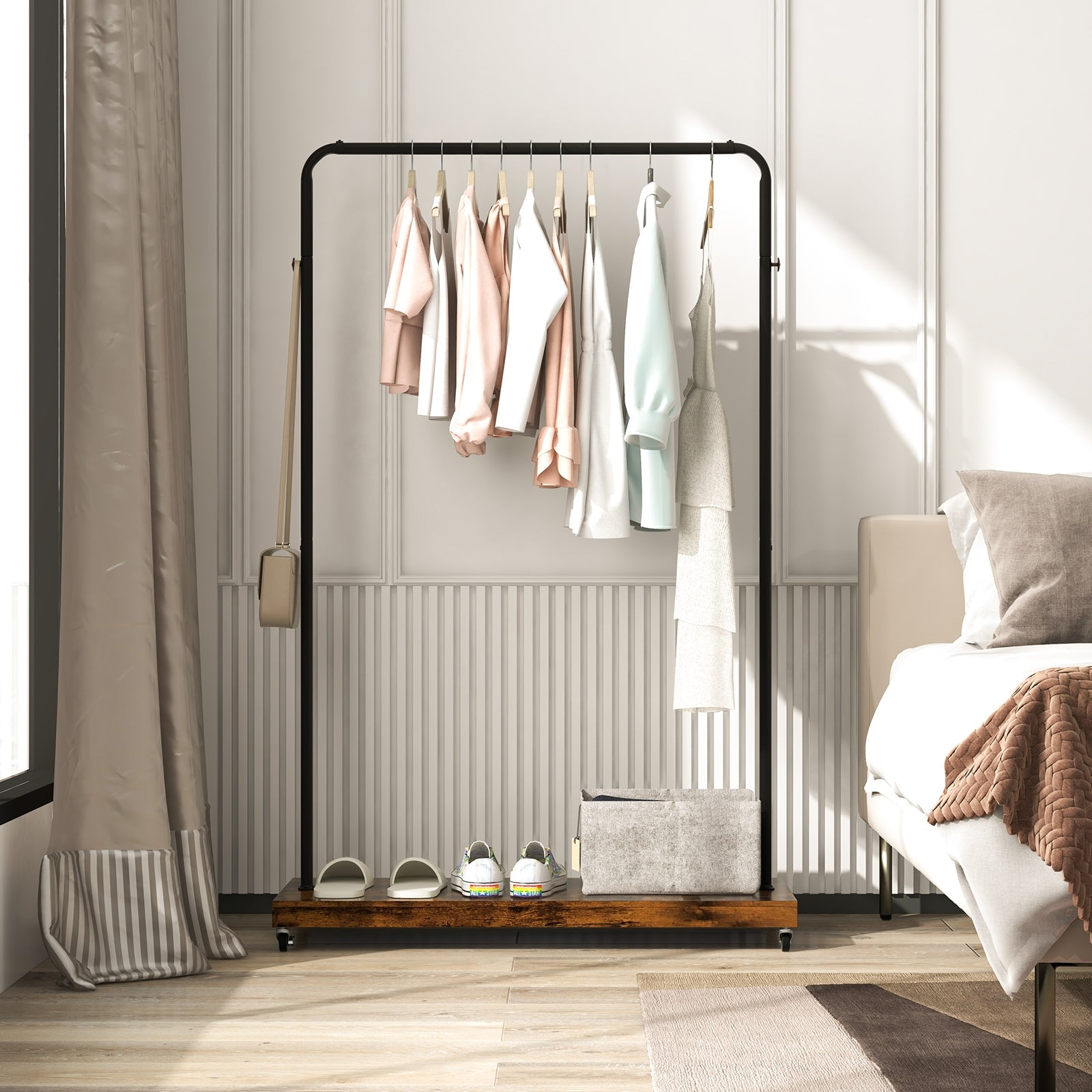Relaxing Rack Rolling Garment Rack with Hanging Hooks and Bottom Storage Shelf