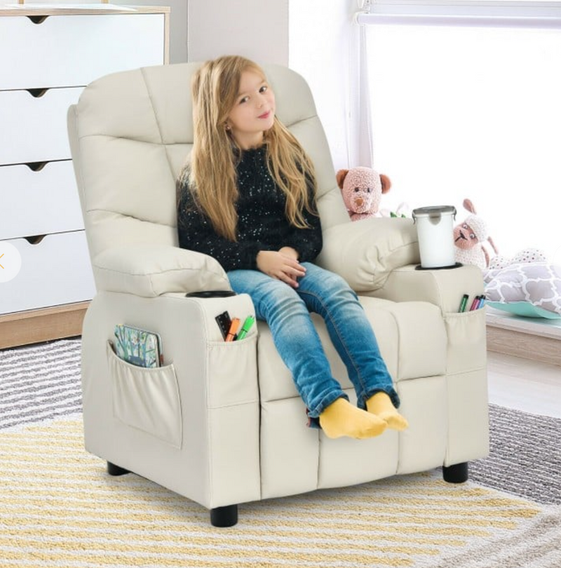 *Kids Recliner Chair with Cup Holder and Footrest - Beige