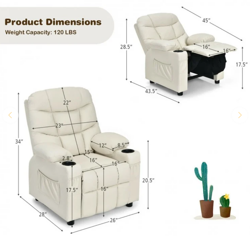 *Kids Recliner Chair with Cup Holder and Footrest - Beige