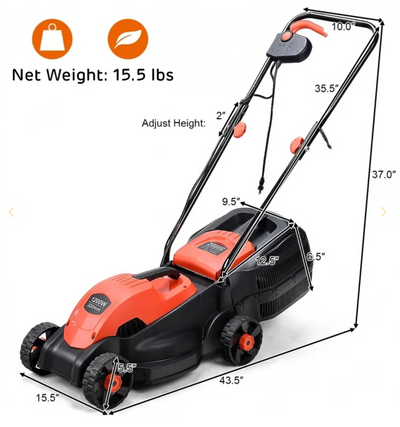13 Inch Electric Push Lawn Corded Mower with Grass Bag - Red