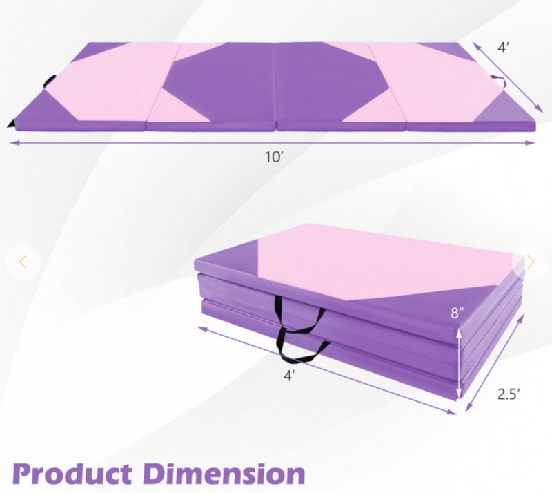 10 Feet x 4 Feet x 2 Inch Folding Exercise Mat with Hook and Loop Fasteners - Pink/Purple