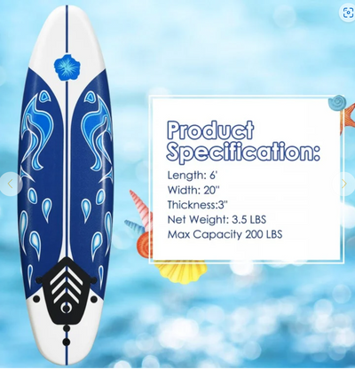 *6 Feet Surfboard with 3 Detachable Fins - White