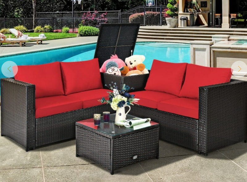 *4 Pieces Outdoor Patio Rattan Furniture Set with Loveseat and Storage Box - Red