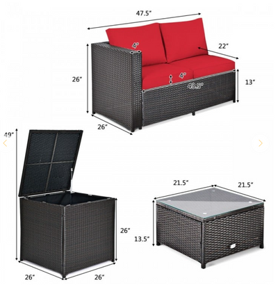 *4 Pieces Outdoor Patio Rattan Furniture Set with Loveseat and Storage Box - Red