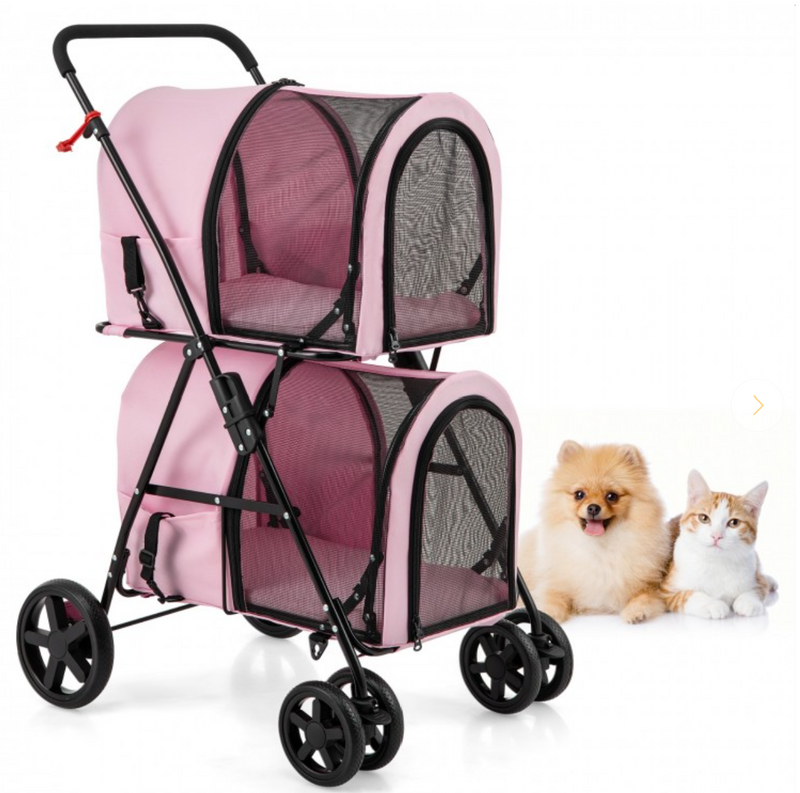 4-in-1 Double Pet Stroller with Detachable Carrier and Travel Carriage - Pink