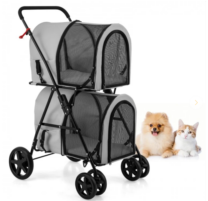 4-in-1 Double Pet Stroller with Detachable Carrier and Travel Carriage - Gray