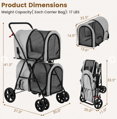 4-in-1 Double Pet Stroller with Detachable Carrier and Travel Carriage - Gray