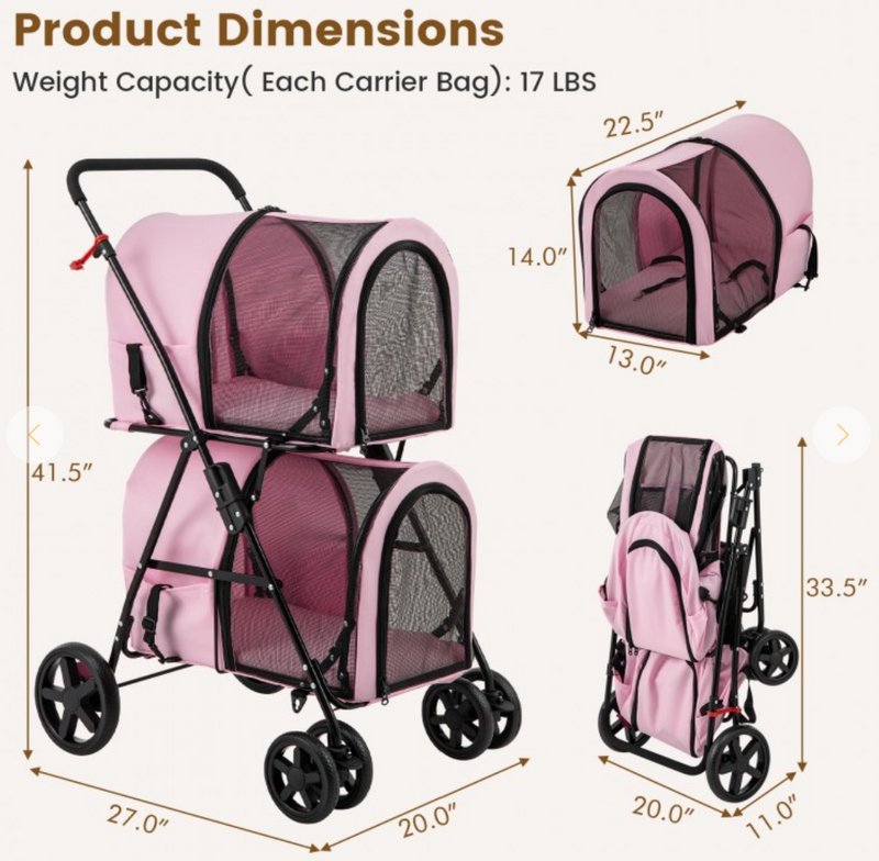 4-in-1 Double Pet Stroller with Detachable Carrier and Travel Carriage - Pink