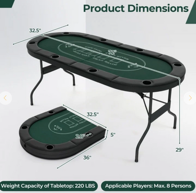 *72 Inch Foldable Poker Table for 8 Players Portable Oval Card Board Game Table - Green