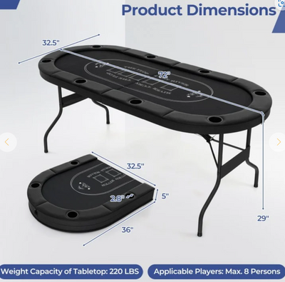 *72 Inch Foldable Poker Table for 8 Players Portable Oval Card Board Game Table - Black