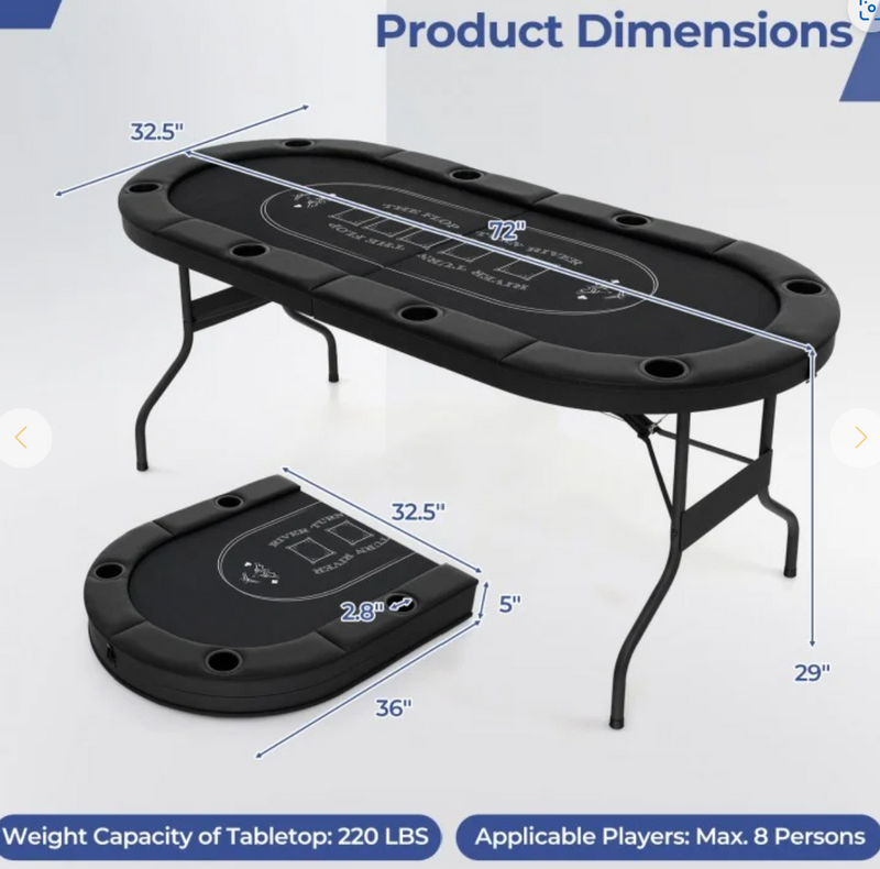 *72 Inch Foldable Poker Table for 8 Players Portable Oval Card Board Game Table - Black