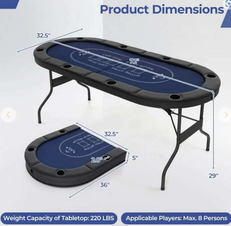 *72 Inch Foldable Poker Table for 8 Players Portable Oval Card Board Game Table - Blue