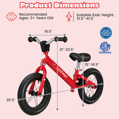 *12 Inch Toddler Balance Bike with Height Adjustable Handlebar and Seat - Red