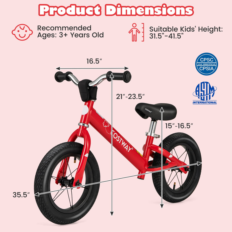 *12 Inch Toddler Balance Bike with Height Adjustable Handlebar and Seat - Red