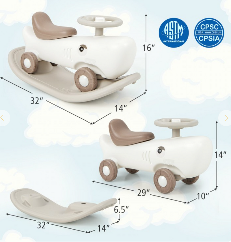 *Convertible Rocking Horse and Sliding Car with Detachable Balance Board - White