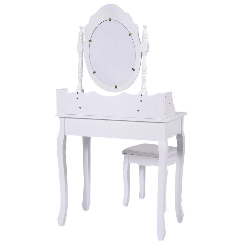 *Vanity Table Set with Cushioned Stool with 360° Rotating Oval Mirror and Three Drawers - White