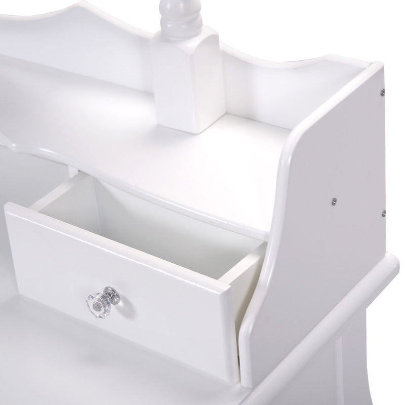 *Vanity Table Set with Cushioned Stool with 360° Rotating Oval Mirror and Three Drawers - White