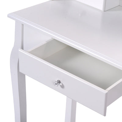 *Vanity Table Set with Cushioned Stool with 360° Rotating Oval Mirror and Three Drawers - White