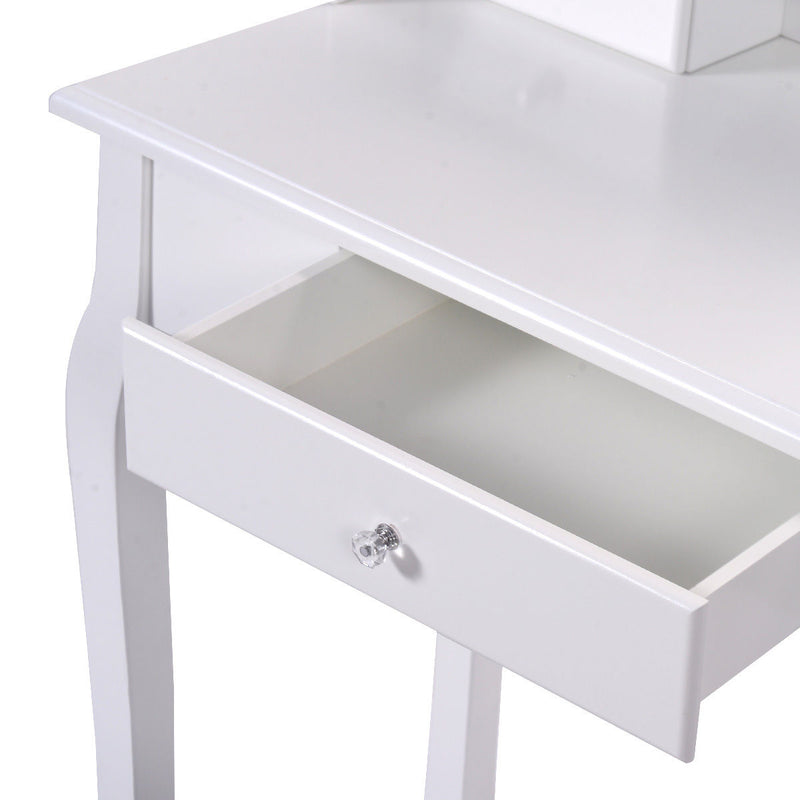 *Vanity Table Set with Cushioned Stool with 360° Rotating Oval Mirror and Three Drawers - White