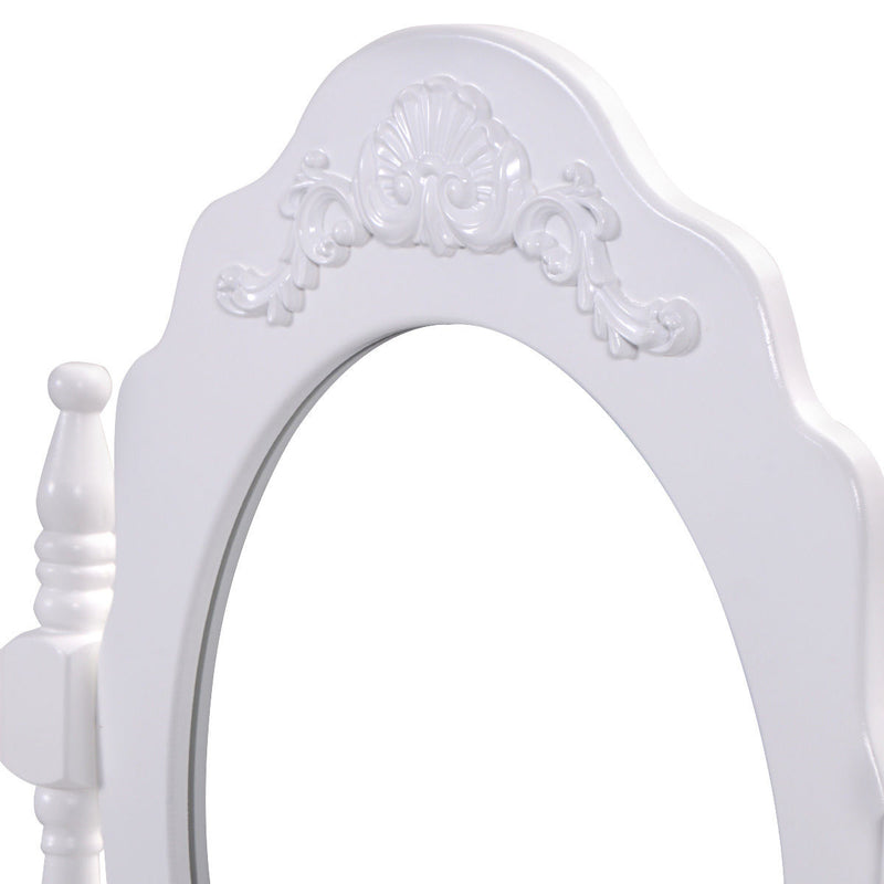 *Vanity Table Set with Cushioned Stool with 360° Rotating Oval Mirror and Three Drawers - White
