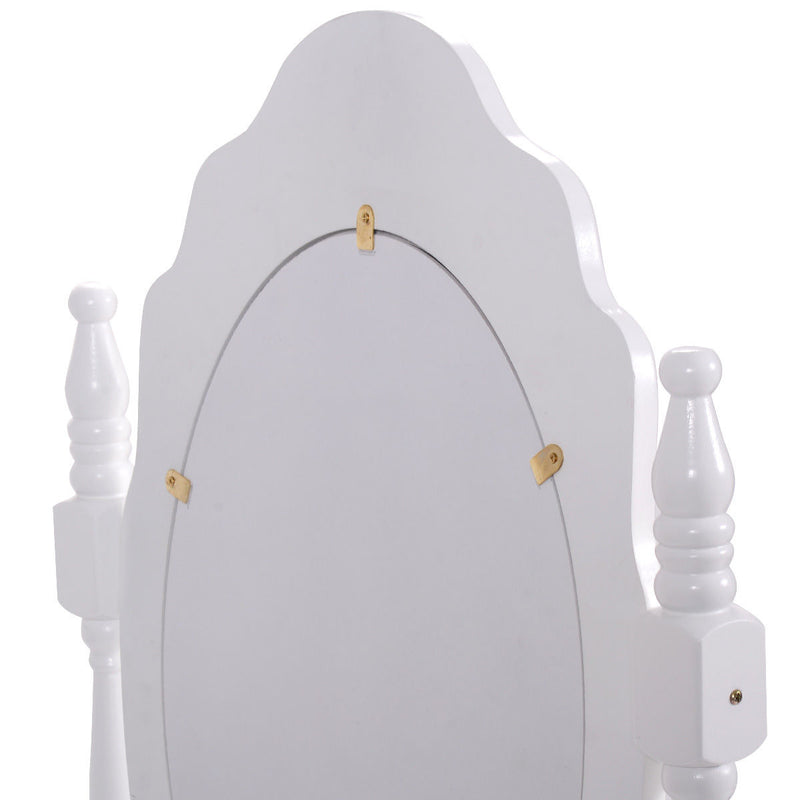 *Vanity Table Set with Cushioned Stool with 360° Rotating Oval Mirror and Three Drawers - White