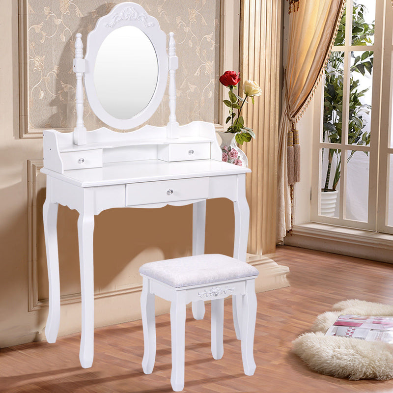 *Vanity Table Set with Cushioned Stool with 360° Rotating Oval Mirror and Three Drawers - White