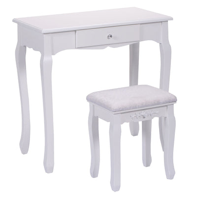 *Vanity Table Set with Cushioned Stool with 360° Rotating Oval Mirror and Three Drawers - White