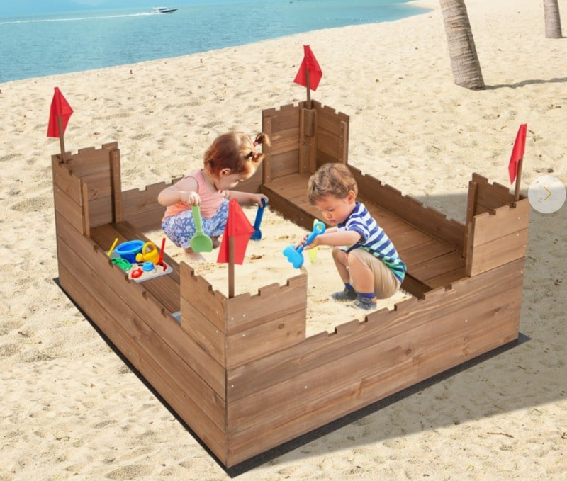 *Kids Wooden Sandbox with Bottom Liner and Red Flags