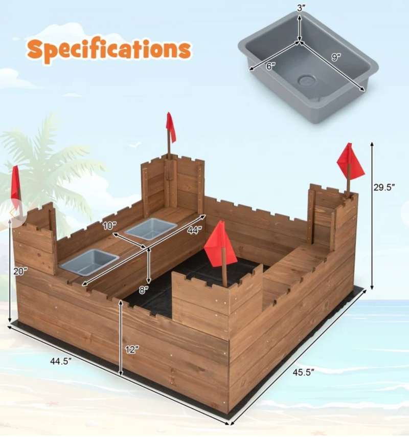 *Kids Wooden Sandbox with Bottom Liner and Red Flags