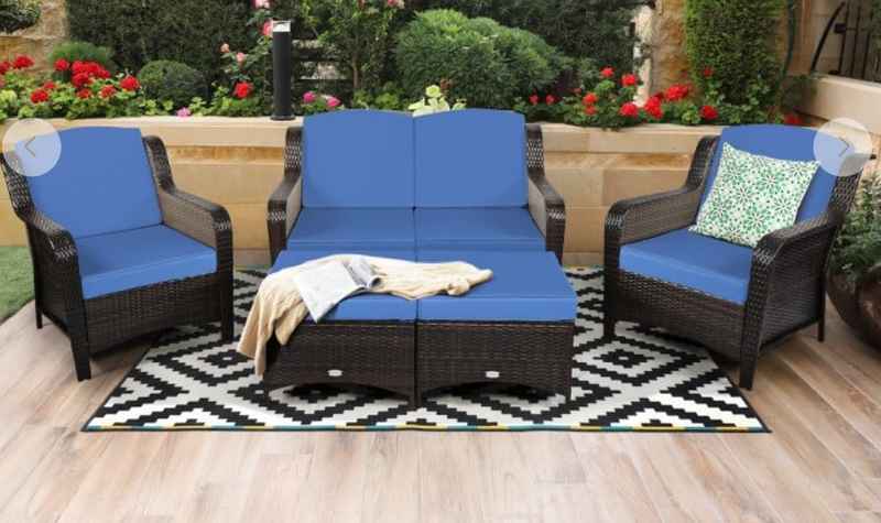 *5 Pieces Patio Rattan Sofa Set with Cushion and Ottoman - Navy