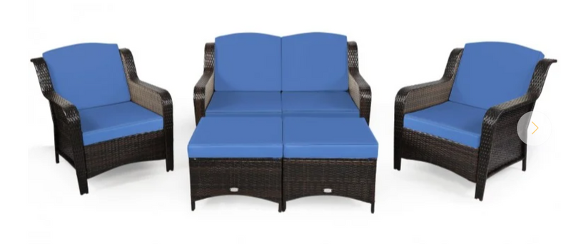 *5 Pieces Patio Rattan Sofa Set with Cushion and Ottoman - Navy