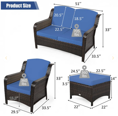 *5 Pieces Patio Rattan Sofa Set with Cushion and Ottoman - Navy