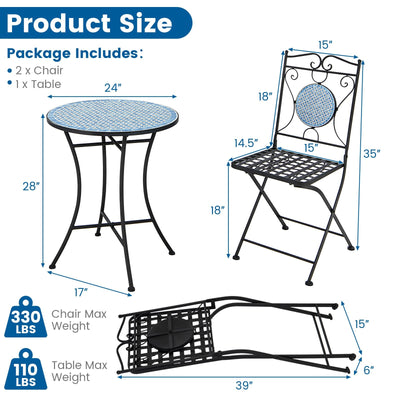 *3 Pieces Patio Bistro Set Outdoor Furniture Mosaic Table Chairs
