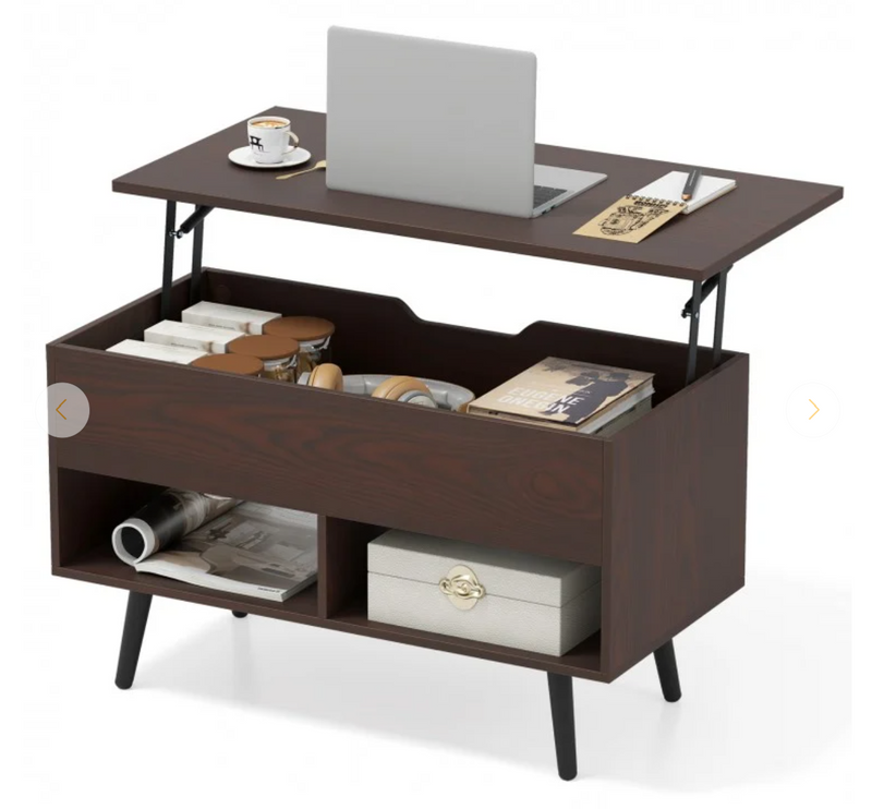 31.5 Inch Lift-Top Coffee Table with Hidden Storage and 2 Open Shelves - Brown
