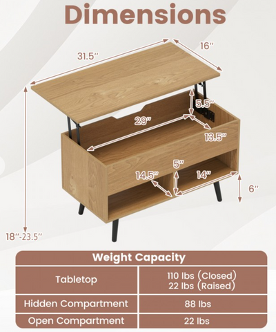 31.5 Inch Lift-Top Coffee Table with Hidden Storage and 2 Open Shelves - Natural