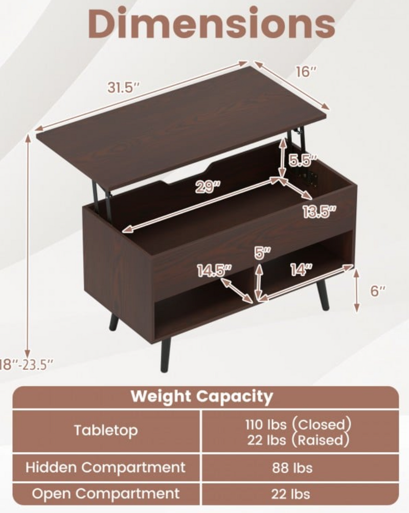 31.5 Inch Lift-Top Coffee Table with Hidden Storage and 2 Open Shelves - Brown
