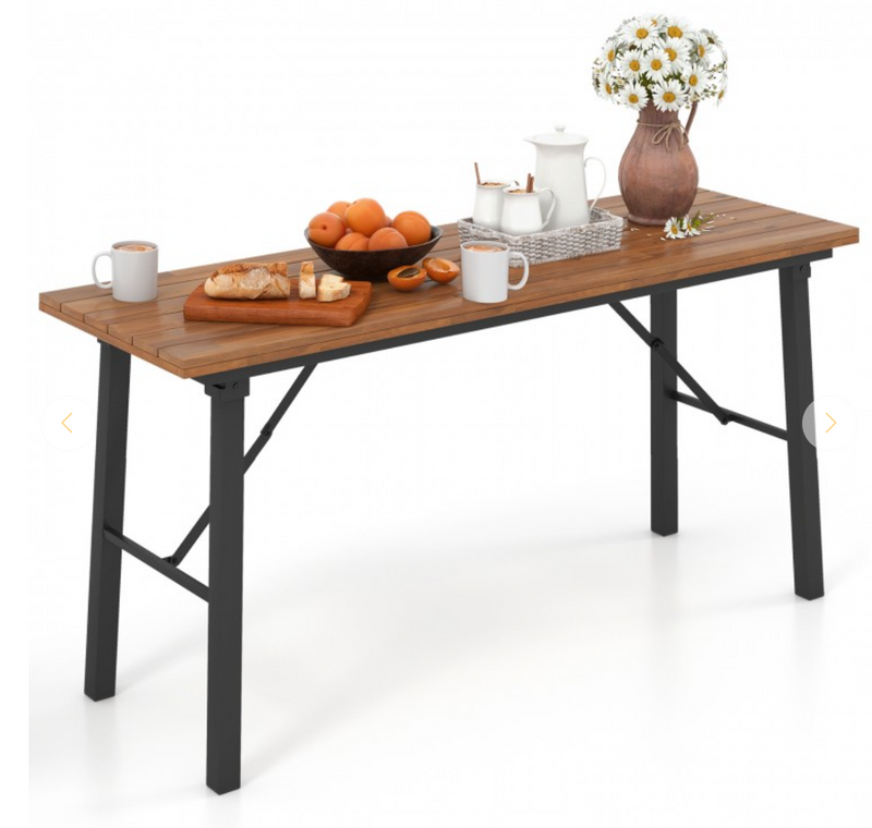 *Folding Picnic Table Acacia Wood Dining Table with Metal Frame for Indoor Outdoor Activities