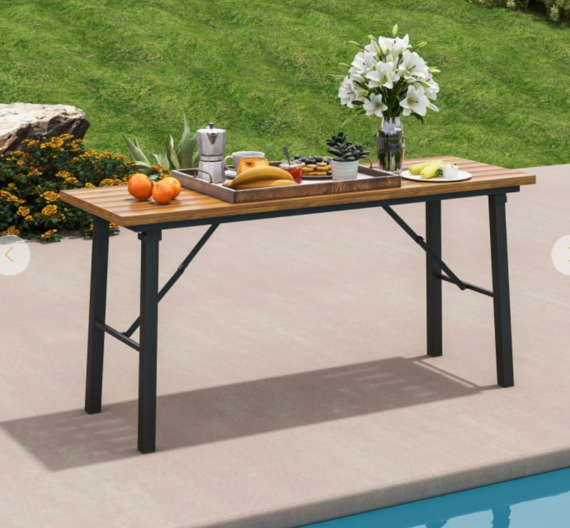 *Folding Picnic Table Acacia Wood Dining Table with Metal Frame for Indoor Outdoor Activities