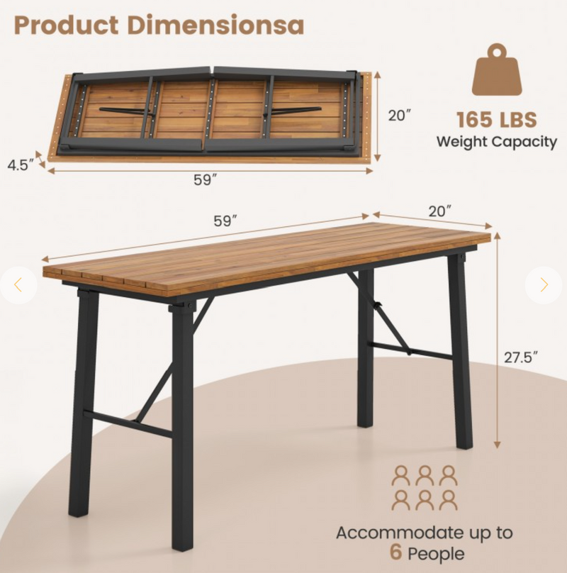 *Folding Picnic Table Acacia Wood Dining Table with Metal Frame for Indoor Outdoor Activities