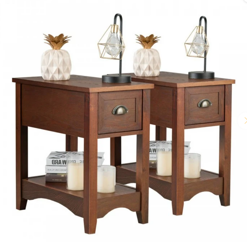 *2 Pieces Retro Narrow Tiered End Table with Drawer and Storing Shelf - Walnut